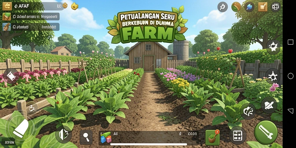 Gameplay AFAF menampilkan ladang yang indah dengan berbagai tanaman.