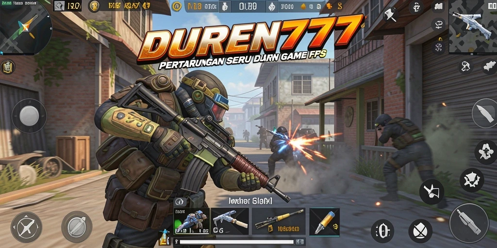 Tampilan seru dari gameplay DUREN777 di arena pertempuran FPS.