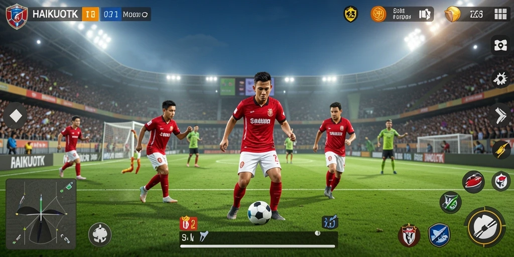 Tampilan gameplay seru pada HAIKUOTK dengan aksi sepak bola yang menarik.