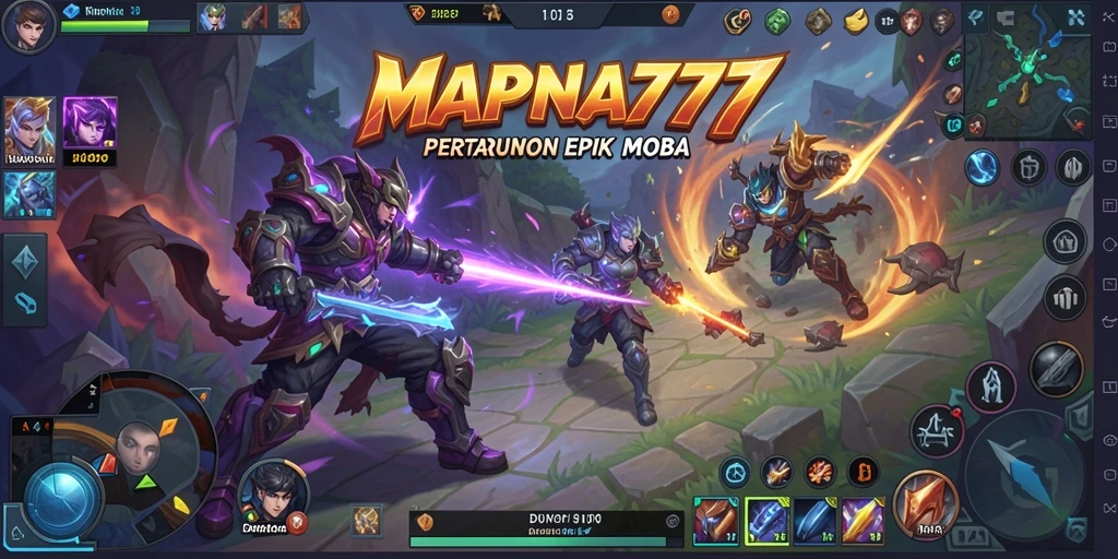 Screenshot permainan MAPNA777 menampilkan pertarungan tim yang mendebarkan dalam arena MOBA.